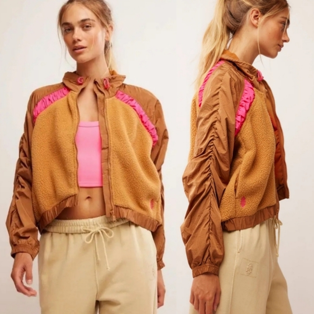 Free People Cropped Brown and Hot Pink Sherpa Bomber Jacket